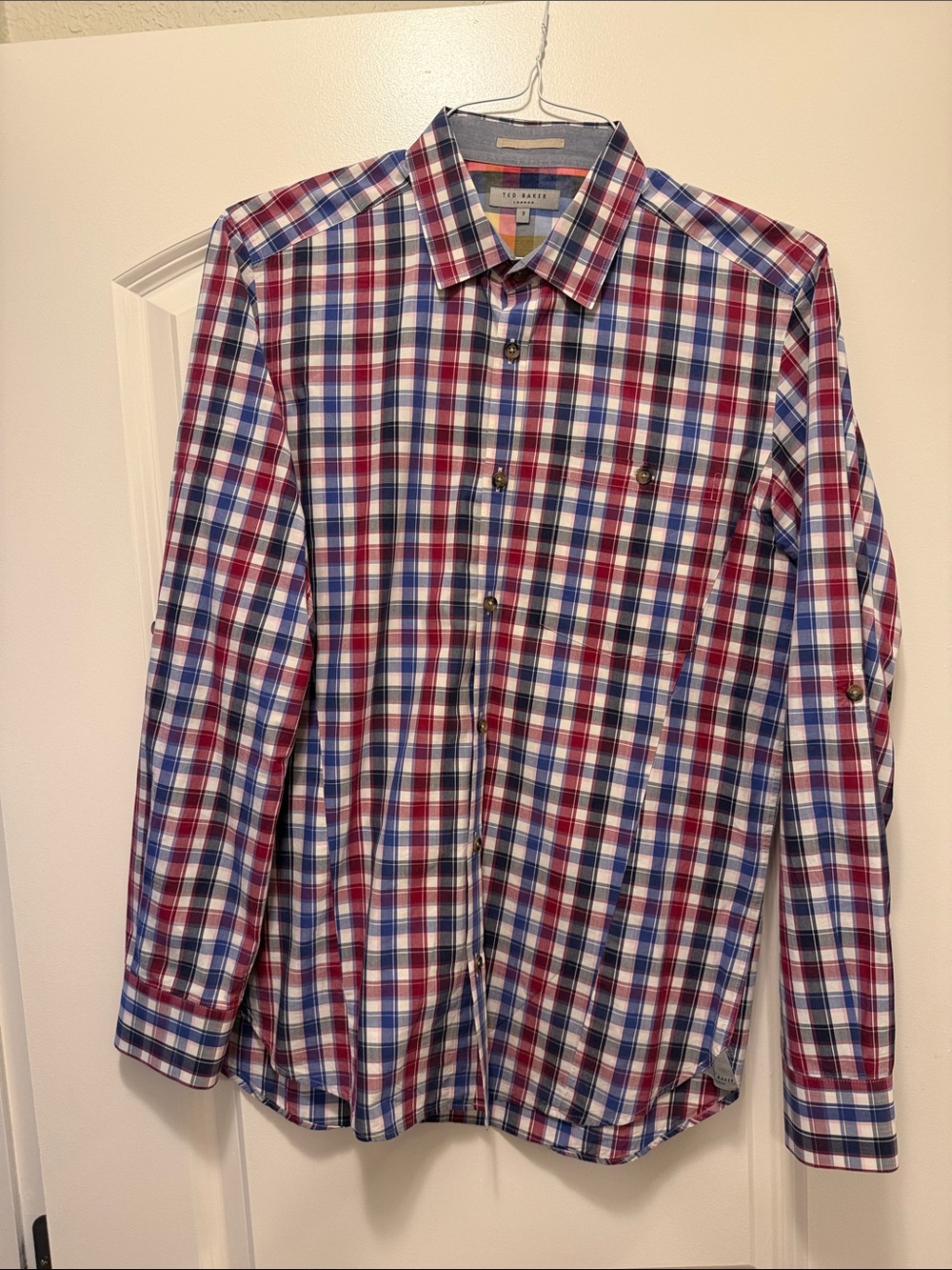 Ted Baker Red and Blue Plaid Long-Sleeve Button-Down Shirt